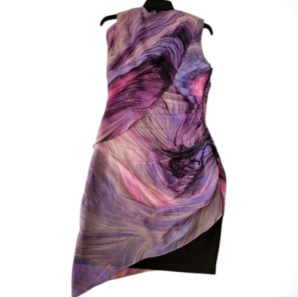 Elizabeth and James 100% Silk Sunset Abstract Mini Dress Sleeveless Purple Sz S - Picture 4 of 9